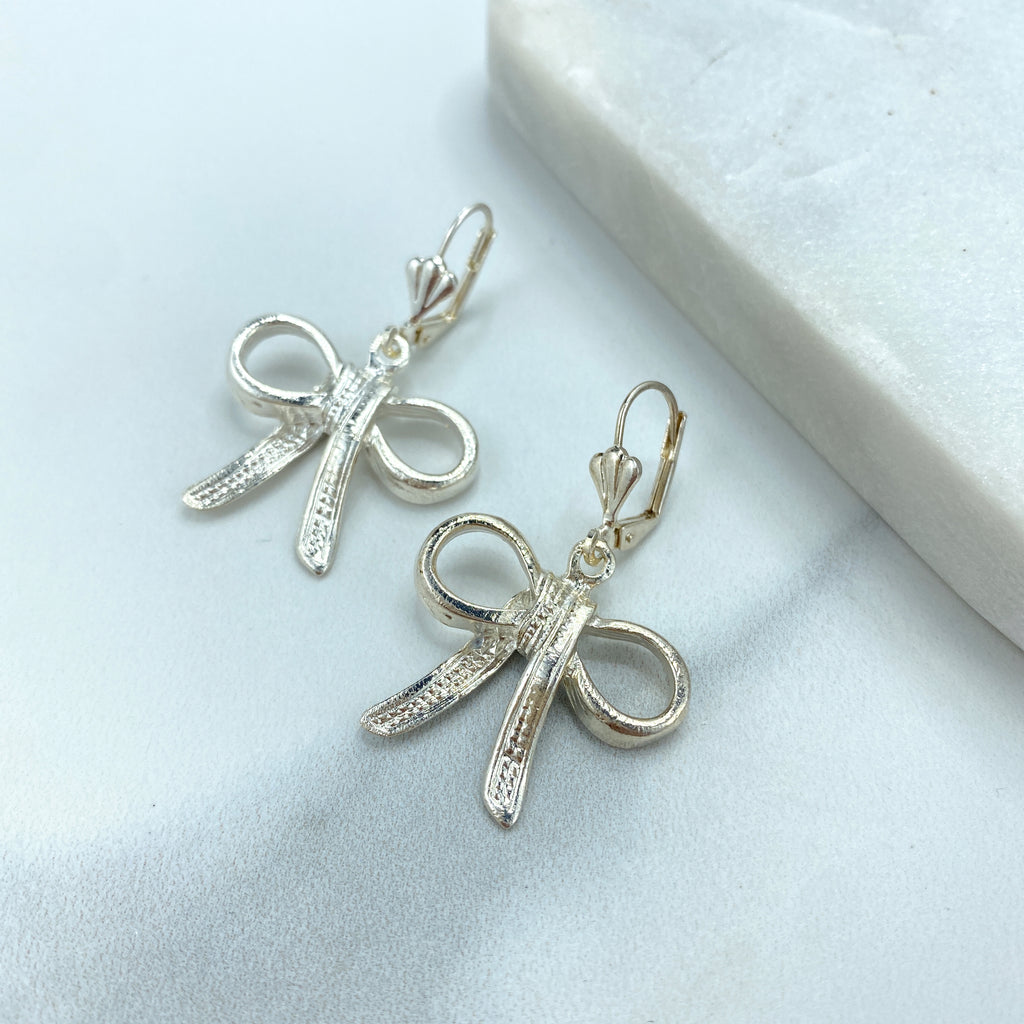 Silver Filled Ribbon Bow Charm or Drop & Dangle Earrings or Silver 925 Curb Link Chain