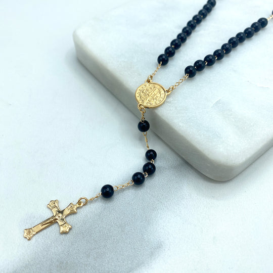 18k Gold Filled Black Beads Beaded Saint Benedict Rosary