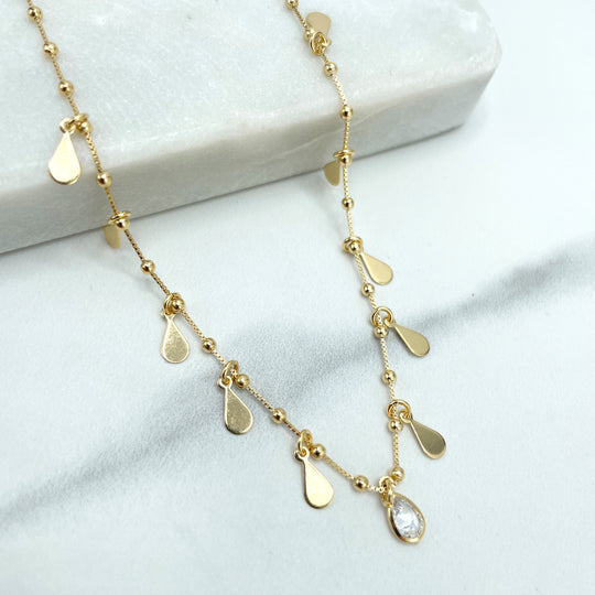 18k Gold Filled Fancy Necklace with Satellite Chain and Dangle Polished Tears Shape