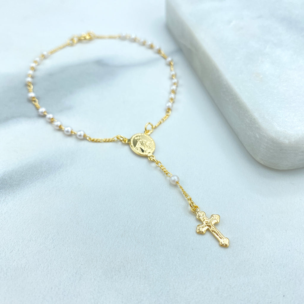 18k Gold Filled Pearls Rosary Bracelet with La Milagrosa Charm, Simulated Pearls Rosary Bracelet with Miraculous Virgin