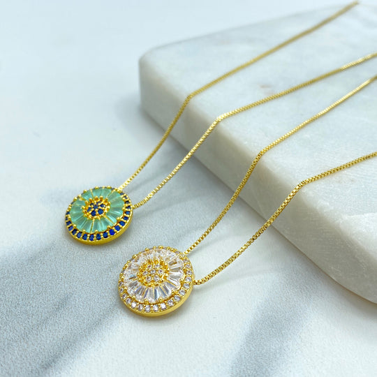 18k Gold Filled Evil Eye Charm Necklace, Micro CZ & Baguette Evil Eye Charm Necklace, Protection against the Evil Eye, Green or Clear Color