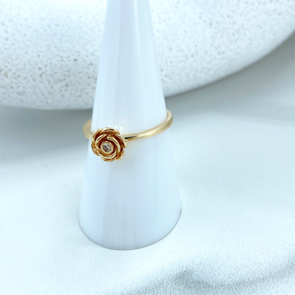 14k Solid Gold Minimalist Floral Ring, 14k Solid Gold Rose Ring featuring Cubic Zirconia