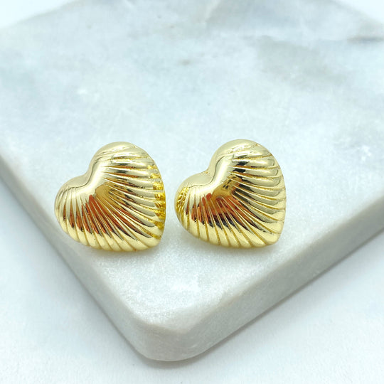 18k Gold Filled Puff Heart Stud Earrings with Textured Lines, Lightweight Bold Heart Stud, Ribbed Textured Heart Earrings