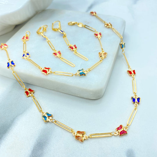 18k Gold Filled Paperclip Chain Linked with Multicolor Butterflies Crystal Necklace, Bracelet or Earrings