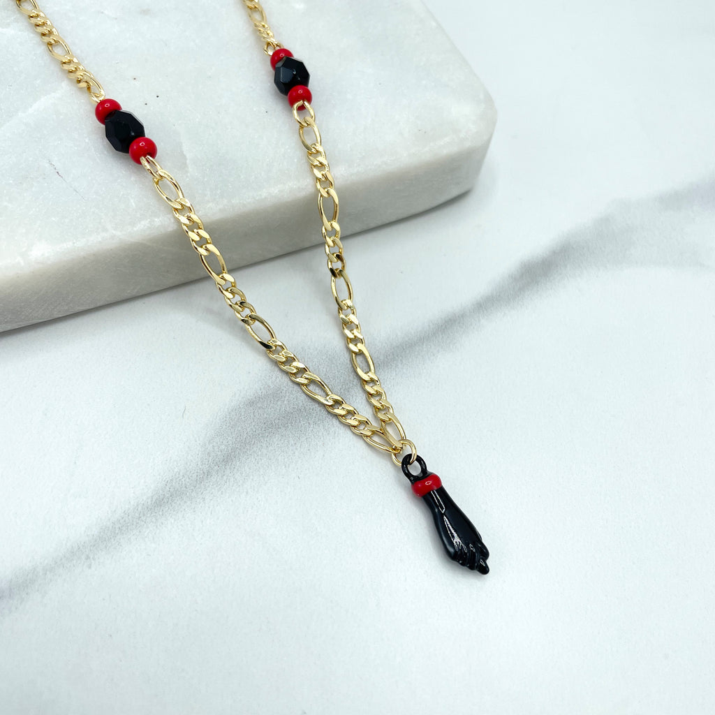 18k Gold Filled Luck and Protection Necklace, 3mm Figaro Chain, Linked Simulated Azabache