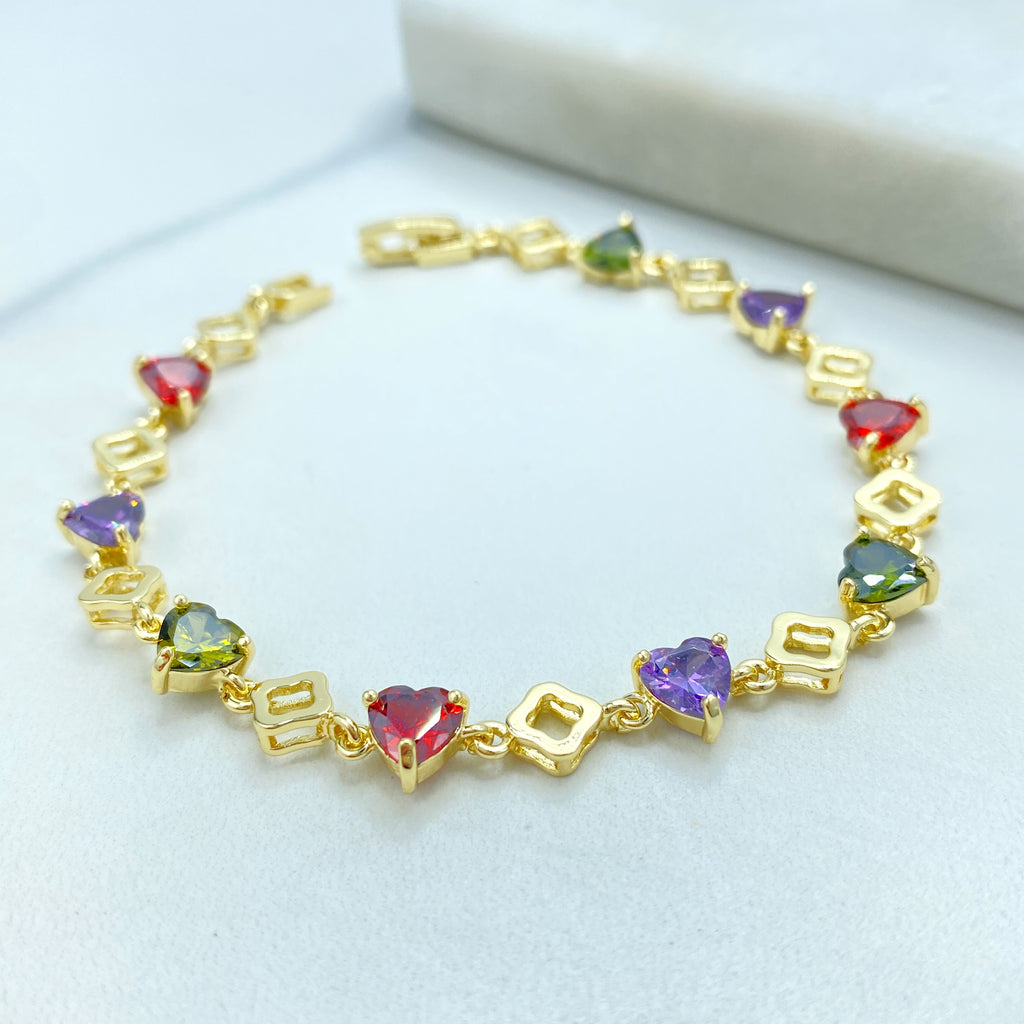 18k Gold Filled Bracelet, Multicolor CZ Heart and Clover Link Design, Linked CZ Bracelet Dainty Romantic Jewelry