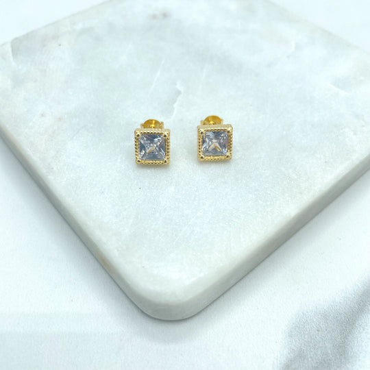 18k Gold Filled Clear Cubic Zirconia Square Shape Stud Earrings, Solitaire Square Zirconia