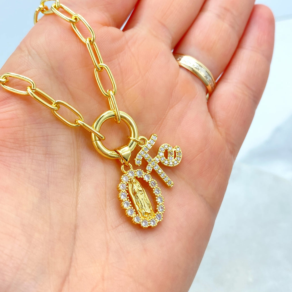 18k Gold Filled Necklace, Paperclip Chain with CZ Guadalupe Medal & “Fe” Charm Necklace, 16" + Extender