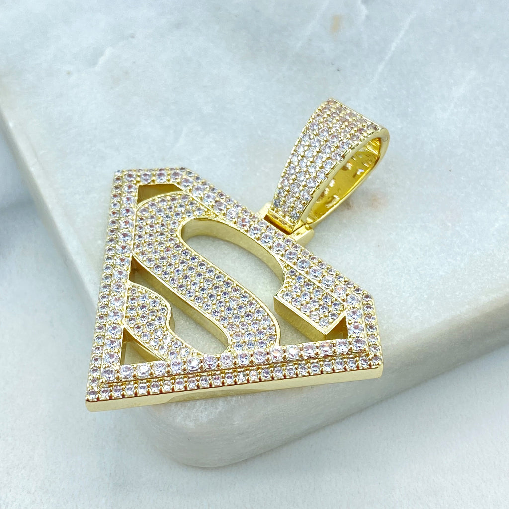 18k Gold Filled Cubic Zirconia Pave Superman Pendant