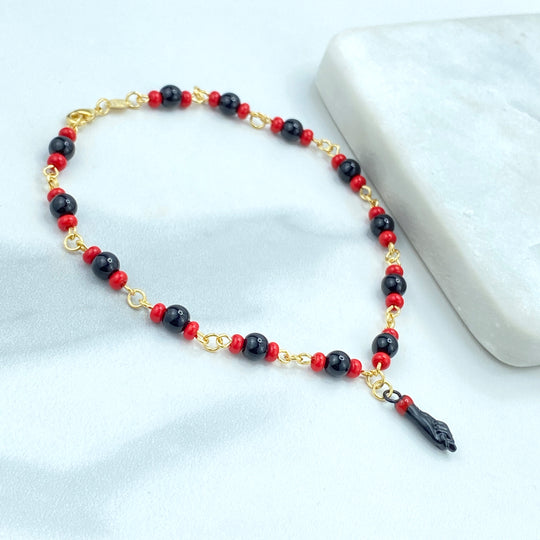 18k Gold Filled Azabache Style Link Chain with Black Figa Hand ANKLET, Protection against the Evil Eye & Negative Energy
