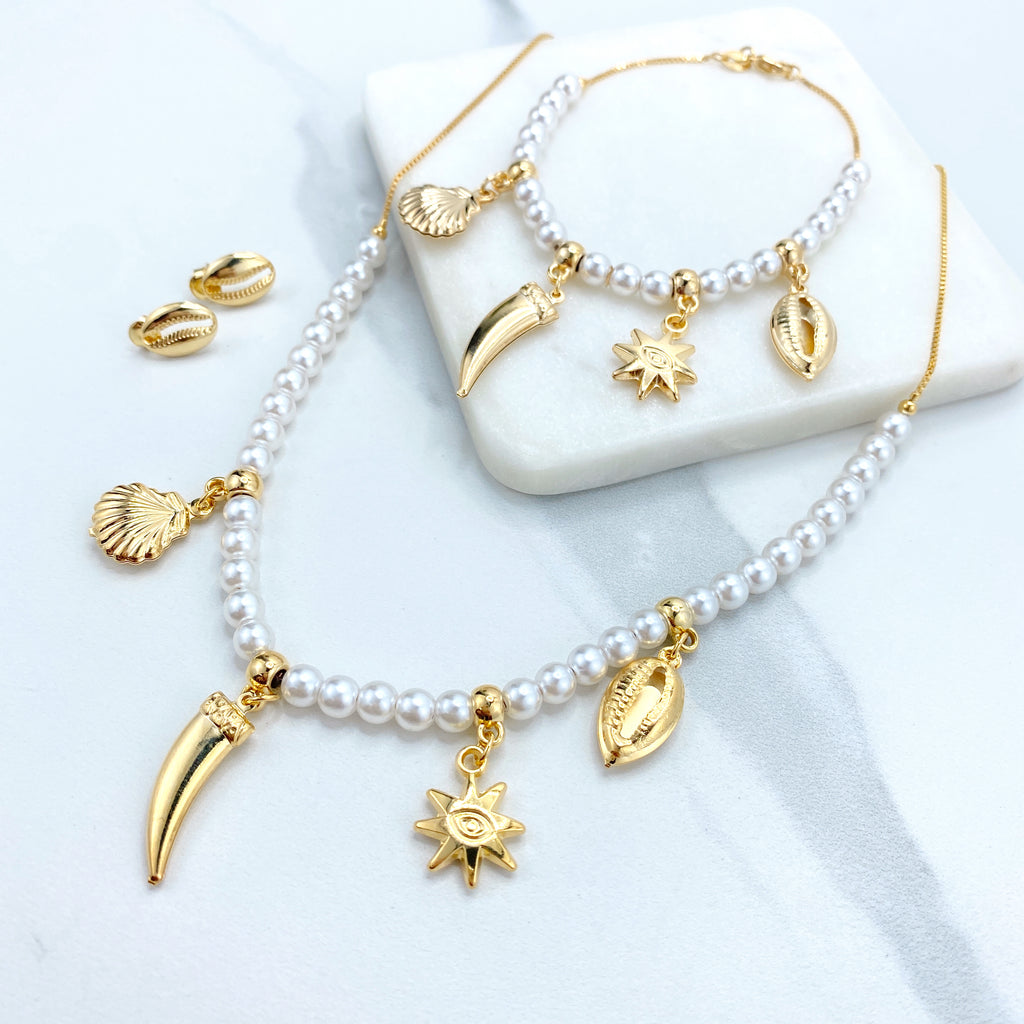 18k Gold Filled Linked Pearls Necklace, Bracelet with Ocean Beach Dangle Charms, or Shell Stud Earrings