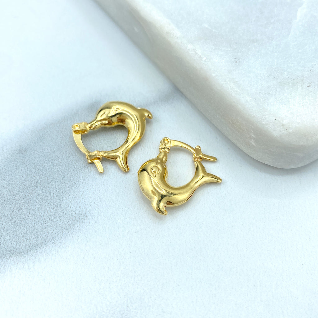 18k Gold Filled Puffed Dolphin Earrings, Dolphin Hoop Earrings