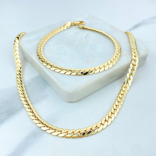 18k Gold Filled 6mm Flat Curb Link Chain, Necklace, Bracelet or Anklet, Flat and Polished Curb Link Chain, Flat Cuban Link Chain Set
