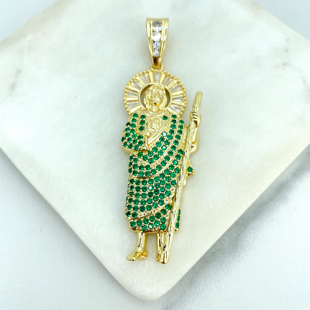 18k Gold Filled Clear Baguette & Green Micro CZ Saint Jude Charm, Religious Pendant