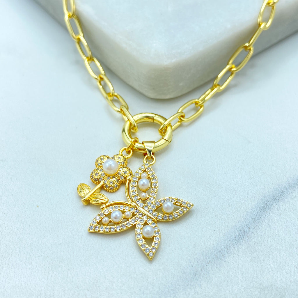 18k Gold Filled Necklace, Paperclip Chain with CZ & Pearl Flower Butterfly Charms Necklace, 16" + Extender