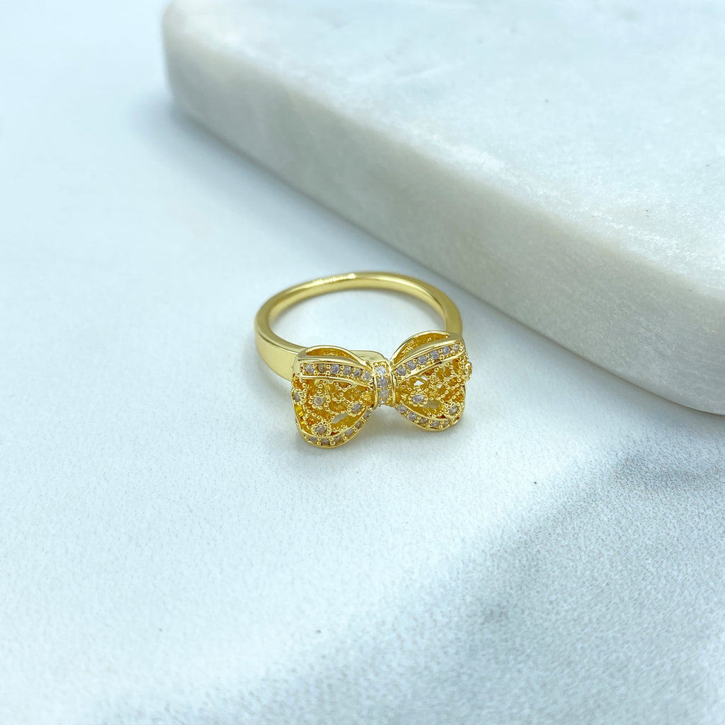 18k Gold Filled 3D Mesh Ribbon Bow Ring featuring Micro CZ | Adjustable Ring