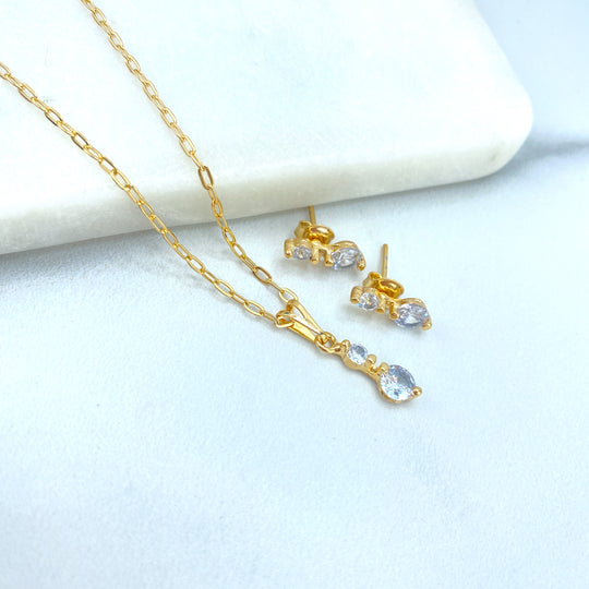 18k Gold Filled 2mm Paperclip Chain Necklace with Double CZ Charm Affordable Set