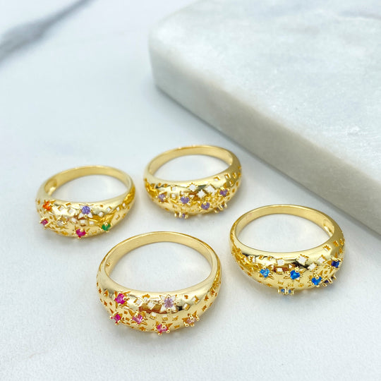 18K Gold Filled Stardust Ring with Micro CZ, Multicolor Star Accents, Elegant Textured Band