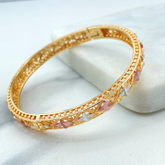 18k Gold Filled Tri Tone Dubai Style Cuff Bangle, Tri Tone Filigree Bangle Bracelet, Elegant Vintage-Inspired Cuff, Cross Bangle Bracelet