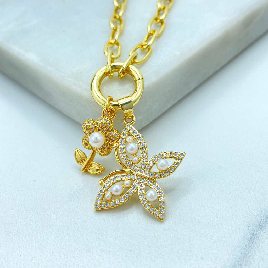 18k Gold Filled Necklace, Paperclip Chain with CZ & Pearl Flower Butterfly Charms Necklace, 16" + Extender