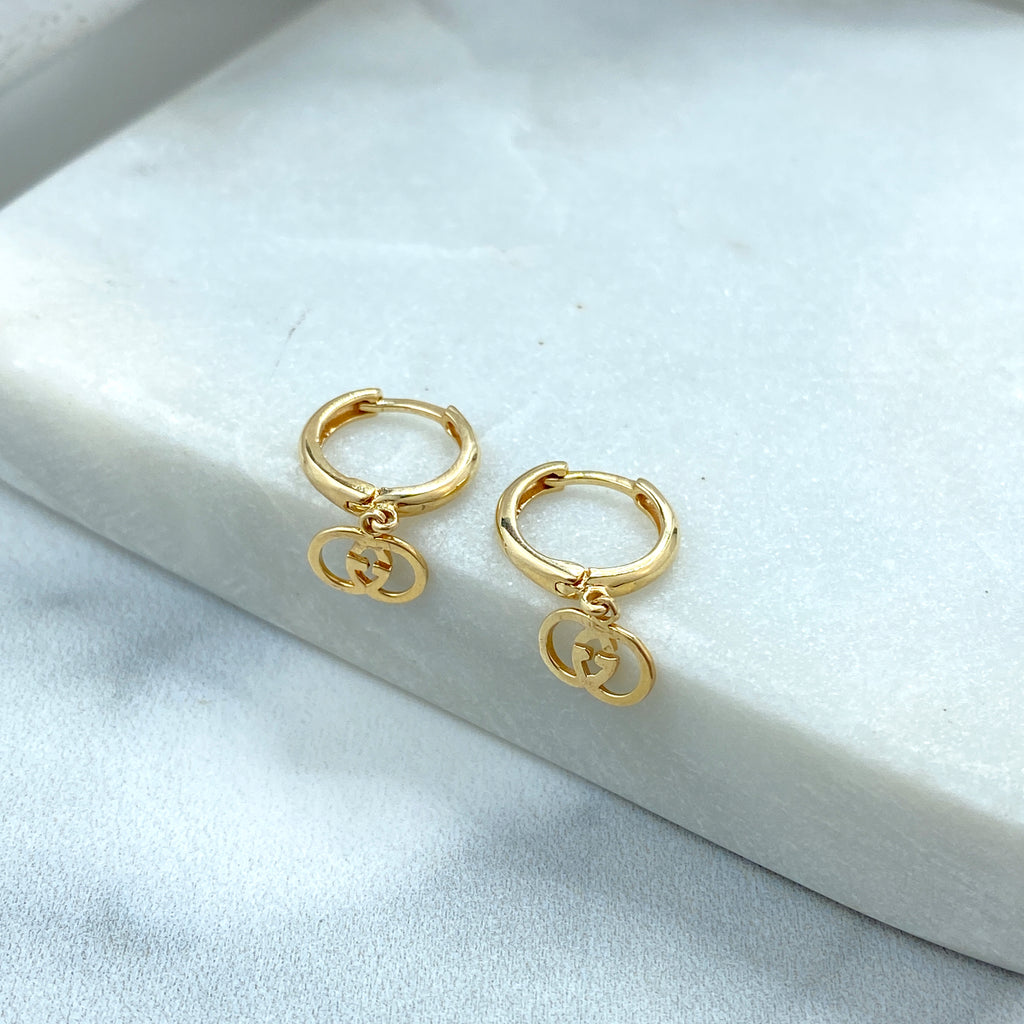 14k Solid Gold Huggie Earrings with Dangle Double G Overlay, 14k Solid Yellow Gold Double Interlock G Huggie Earrings