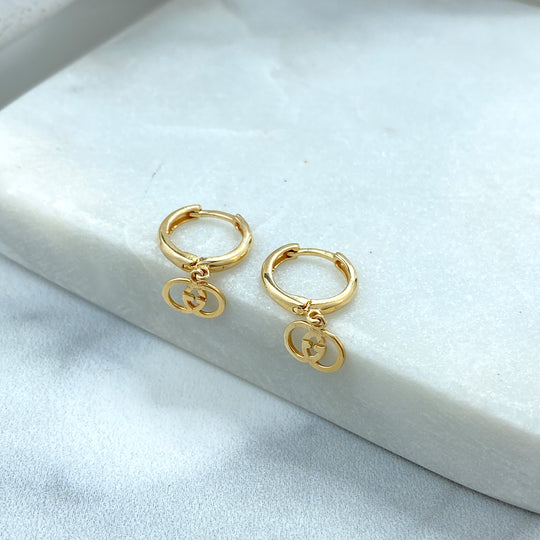 14k Solid Gold Huggie Earrings with Dangle Double G Overlay, 14k Solid Yellow Gold Double Interlock G Huggie Earrings