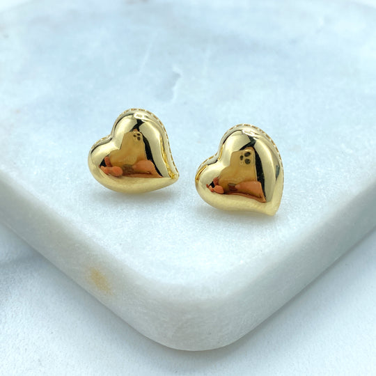 18k Gold Filled Polished Heart-Shaped Stud Earrings with a Micro Pave CZ Contour, Heart Earrings