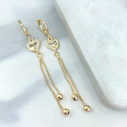 18K Gold Filled Long Dangle Heart Charm Huggie Earrings, Double Dangle Huggie Hoop Earrings with CZ Heart