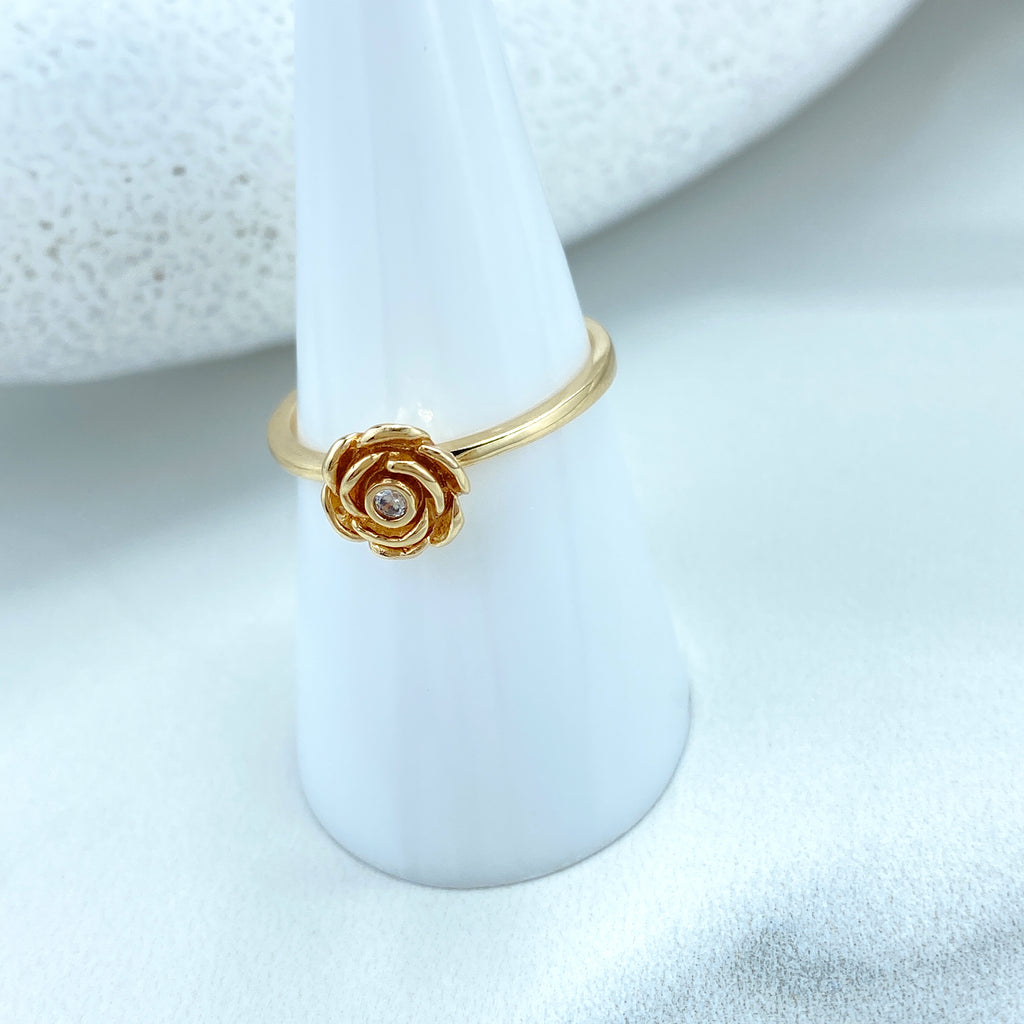 14k Solid Gold Minimalist Floral Ring, 14k Solid Gold Rose Ring featuring Cubic Zirconia