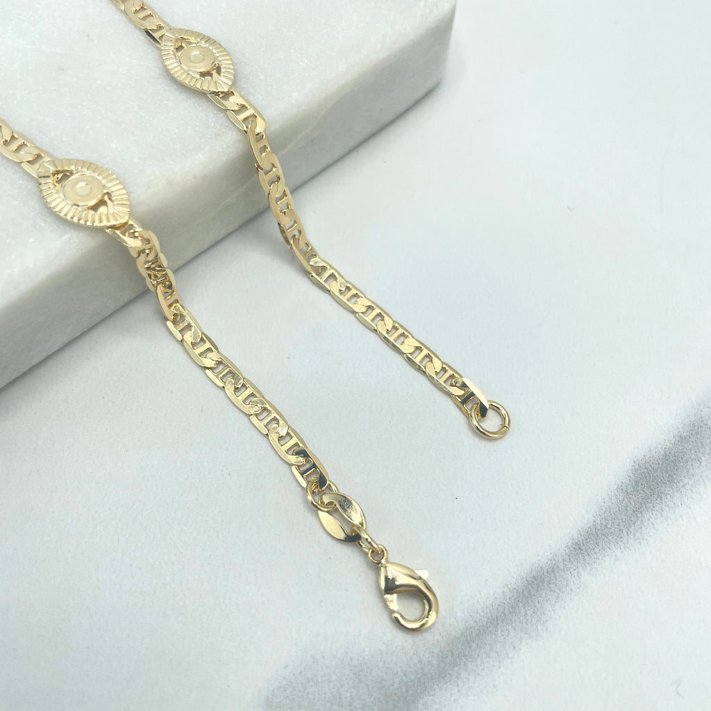 18k Gold Filled 3mm Mariner Link Chain featuring Evil Eye Charms Bracelet OR Anklet