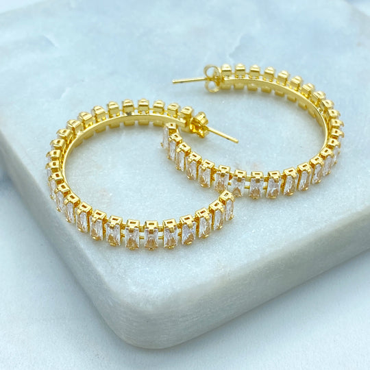 18k Gold Filled Baguette Hoop Earrings, Baguette CZ Open Hoop Earrings, Timeless Baguette Earrings
