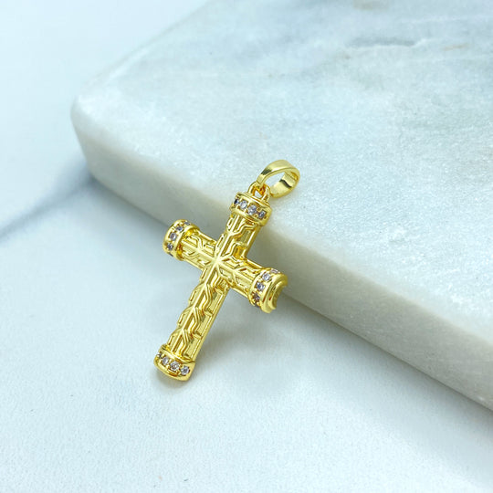 18k Gold Filled Textured Cross Pendant, CZ Accent Religious Charm, Statement Faith Jewelry, CZ Cross Pendant