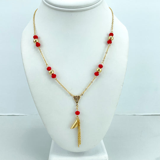 18k Gold Filled Red Beads and Gold Beads Linked with Rolo Chain Necklace Set