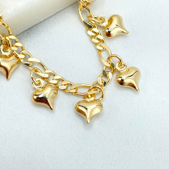 18k Gold Filled 3mm Figaro Chain Link with Cute Puffed Dangle Hearts Bracelet