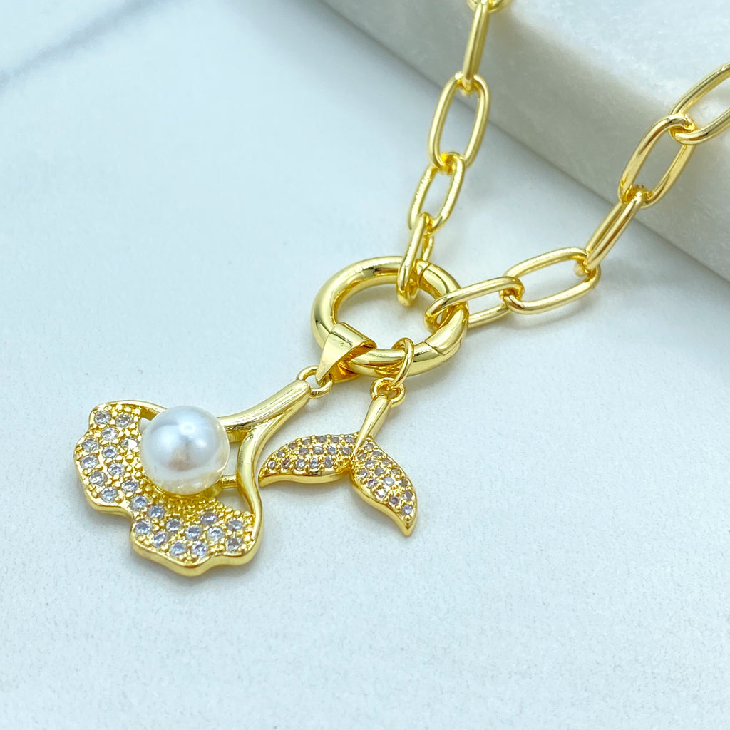 18k Gold Filled Necklace, Paperclip Chain with CZ and Pearl Mermaid Tail Dangle Charm Necklace, Dainty Ocean Jewelry