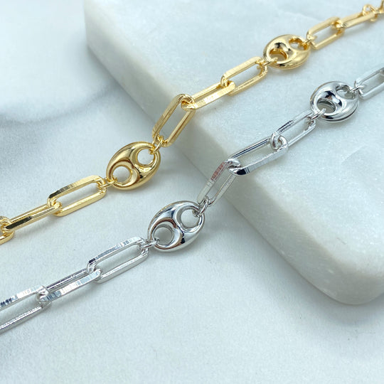 18k Gold Filled or Silver Filled 9mm Puff Mariner Link with 5mm Paperclip Link Bracelet.