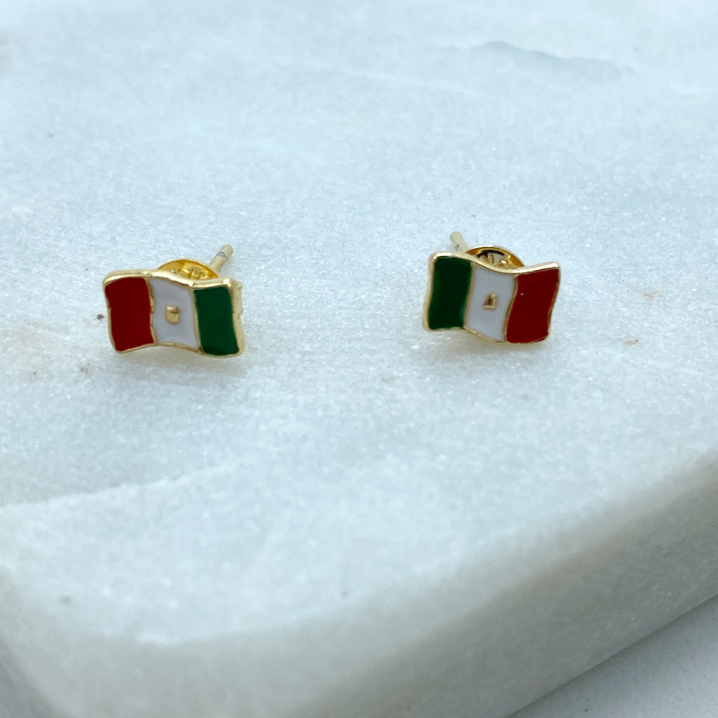 18K Gold Filled Mexican Flag Stud Earrings, Stud Earrings Mexican Flag Enamel Colorful, Patriot Earrings