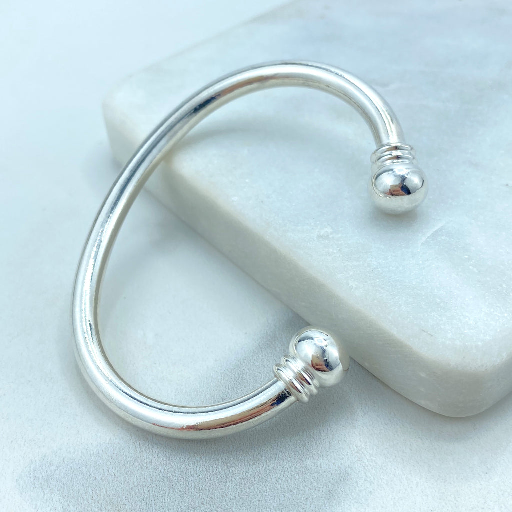 Silver Filled Bangle Featuring Two Solid Balls On Top, Cuff Bracelets, C-Shaped, Classic Bracelet, Fine Bracelet