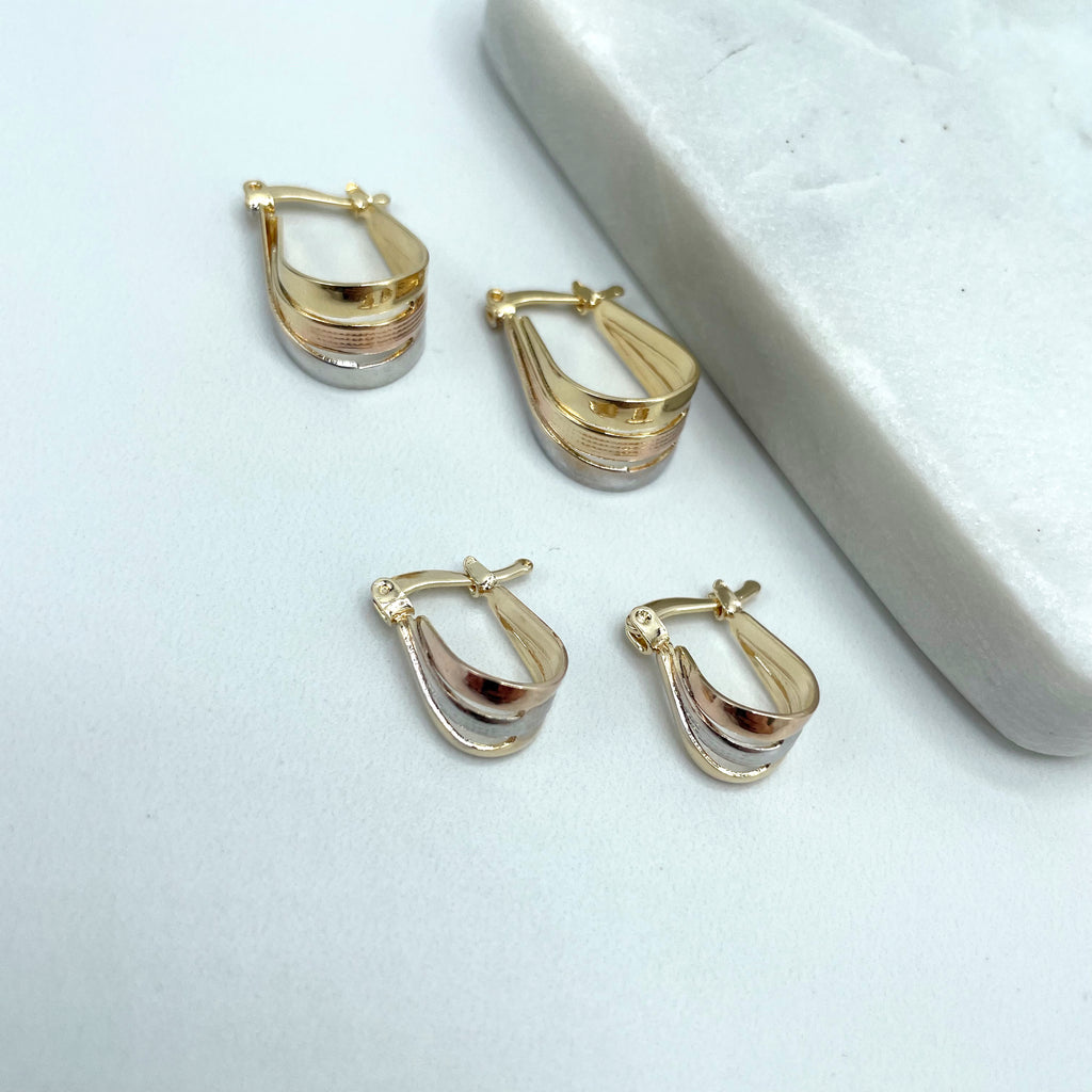 18k Gold Filled Three Tone Oval Hoop Earrings, Two Different Sizes
