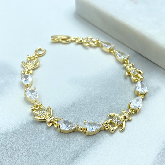 18k Gold Filled Linked Bracelet with Teddy Bear and Pear Zirconias, Cute Teddy Bear featuring Micro CZ Linked with Zirconias Bracelet