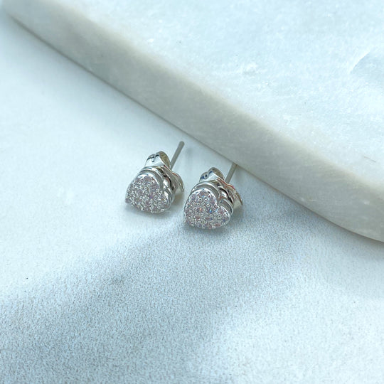 Silver Filled Heart Shaped Stud Earrings with Micro Pave CZ, Micro CZ Silver Heart Stud Earrings
