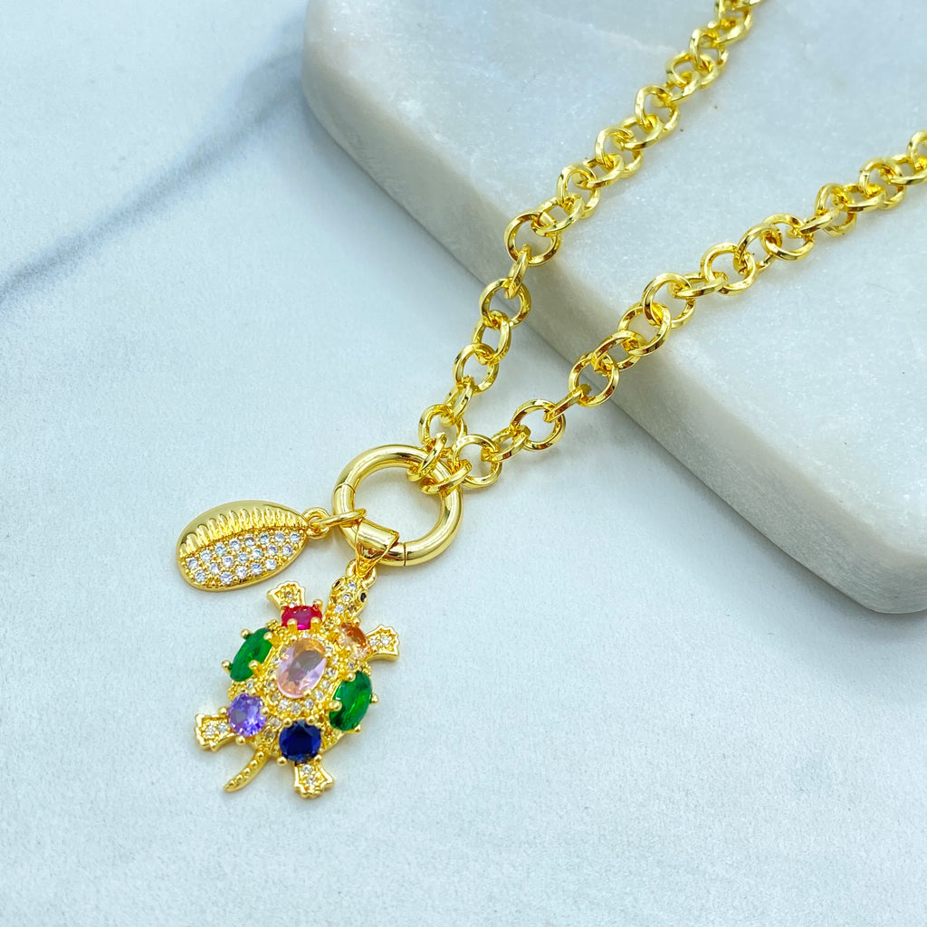 18k Gold Filled Necklace, Rolo Chain with Multicolor CZ Turtle and Clear CZ Cowry Shell Charms Necklace, 16" + Extender