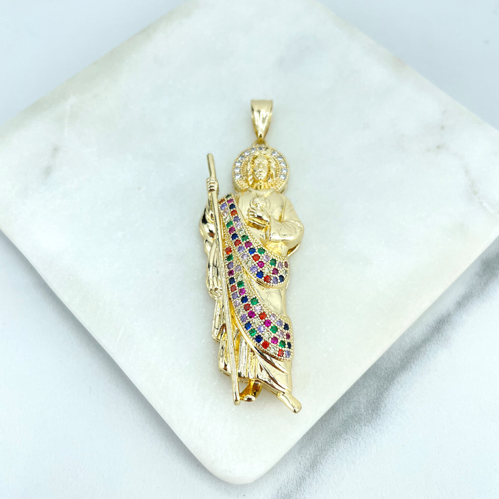 18k Gold Filled Religious Pendant, Clear & Multicolor Micro CZ Saint Jude Shape
