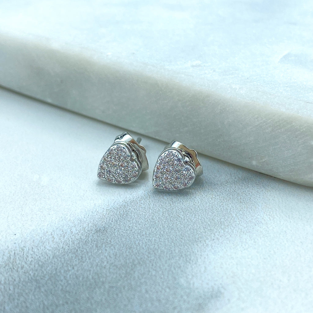 Silver Filled Heart Shaped Stud Earrings with Micro Pave CZ, Micro CZ Silver Heart Stud Earrings