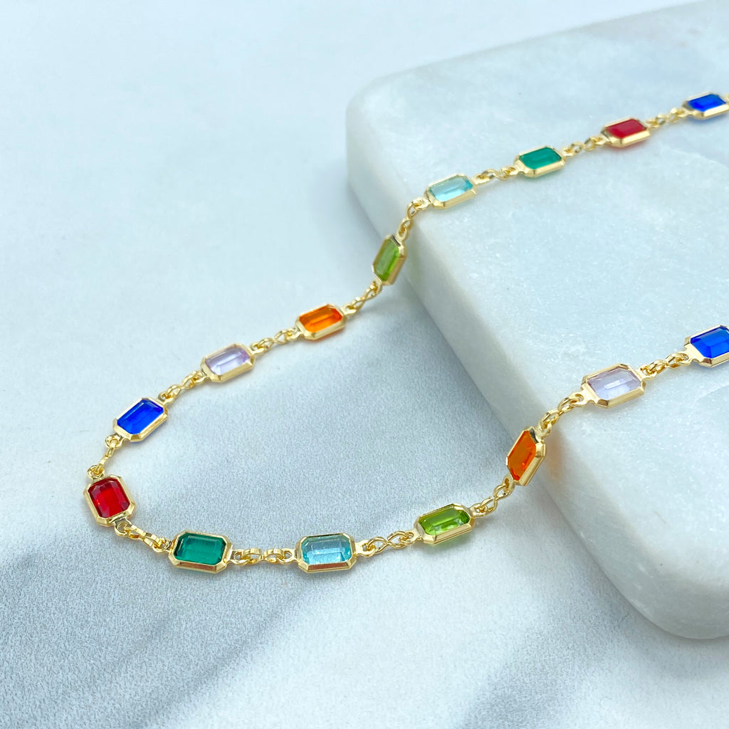 18k Gold-Filled Rainbow Crystal Necklace, Rectangular Multicolor Stone Design, 3 Different Sizes