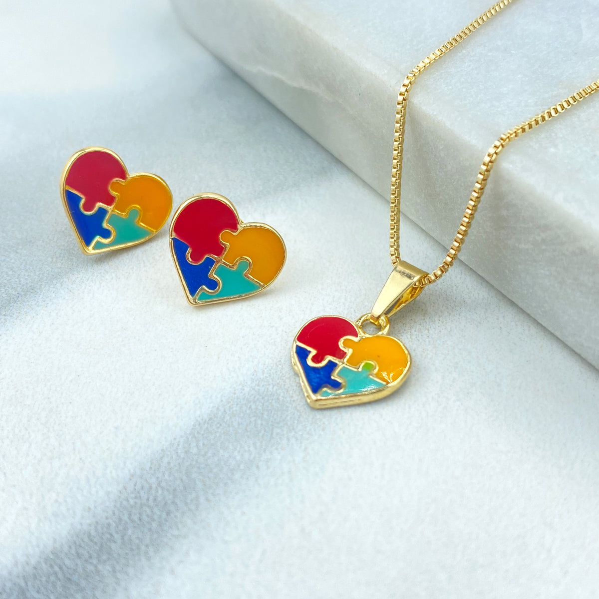 18k Gold Filled Jewelry Set Autism Awareness, Autism Colorful Heart Pu ...