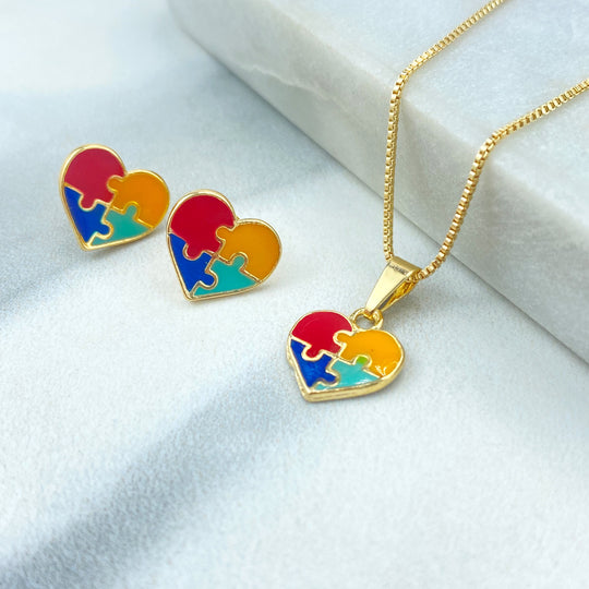 18k Gold Filled Jewelry Set Autism Awareness, Autism Colorful Heart Puzzle Necklace & Stud Earrings Set, Autism Symbol