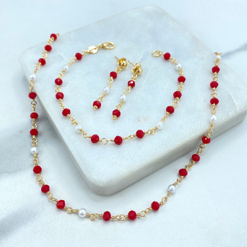 18k Gold Filled Colored Beads Set, Red White Beaded Chain, Necklace, Bracelet or Earrings