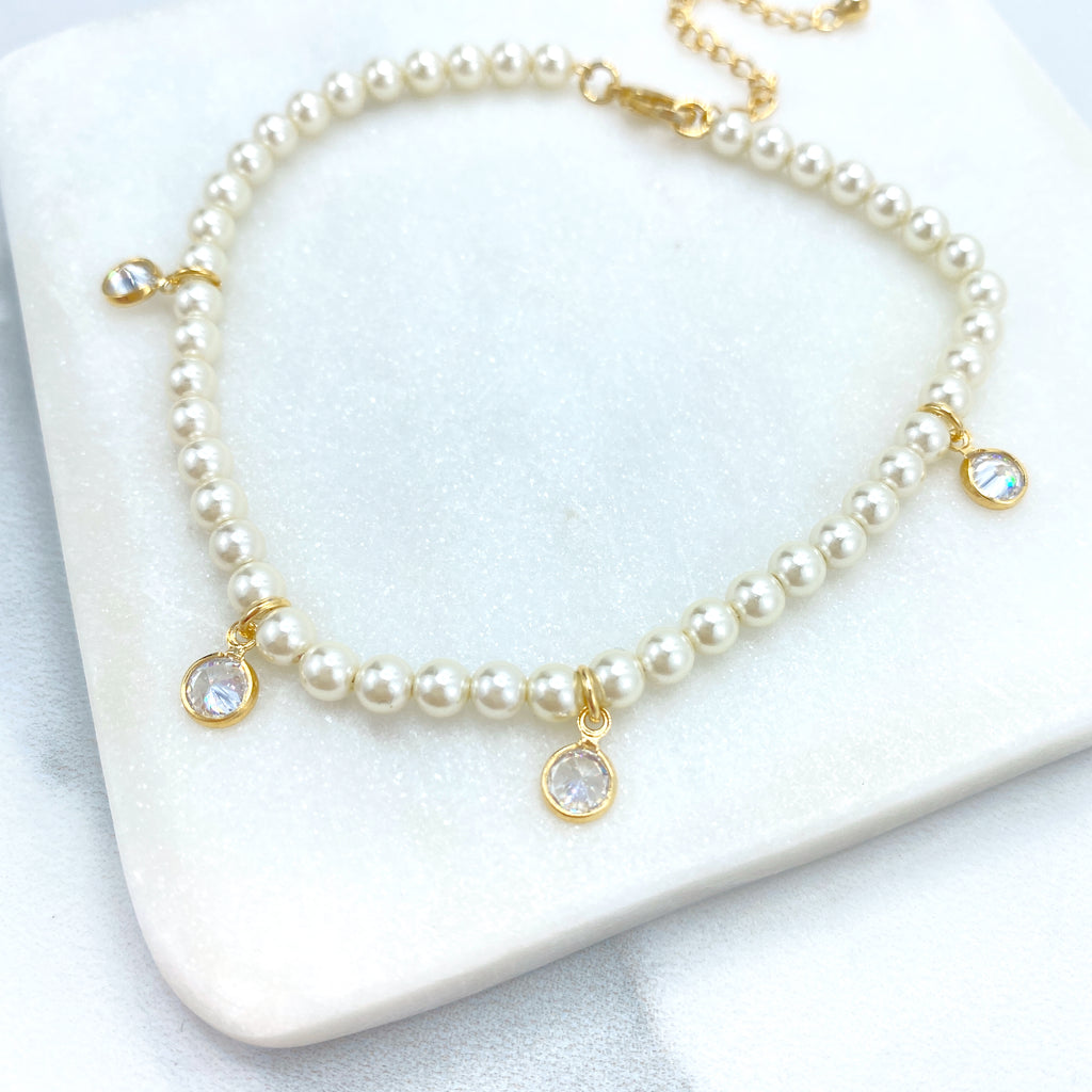 18k Gold Filled Pearls Dangle CZ Charms & Ocean Beach Dangle Charms Double Necklace or Linked Pearls Bracelet