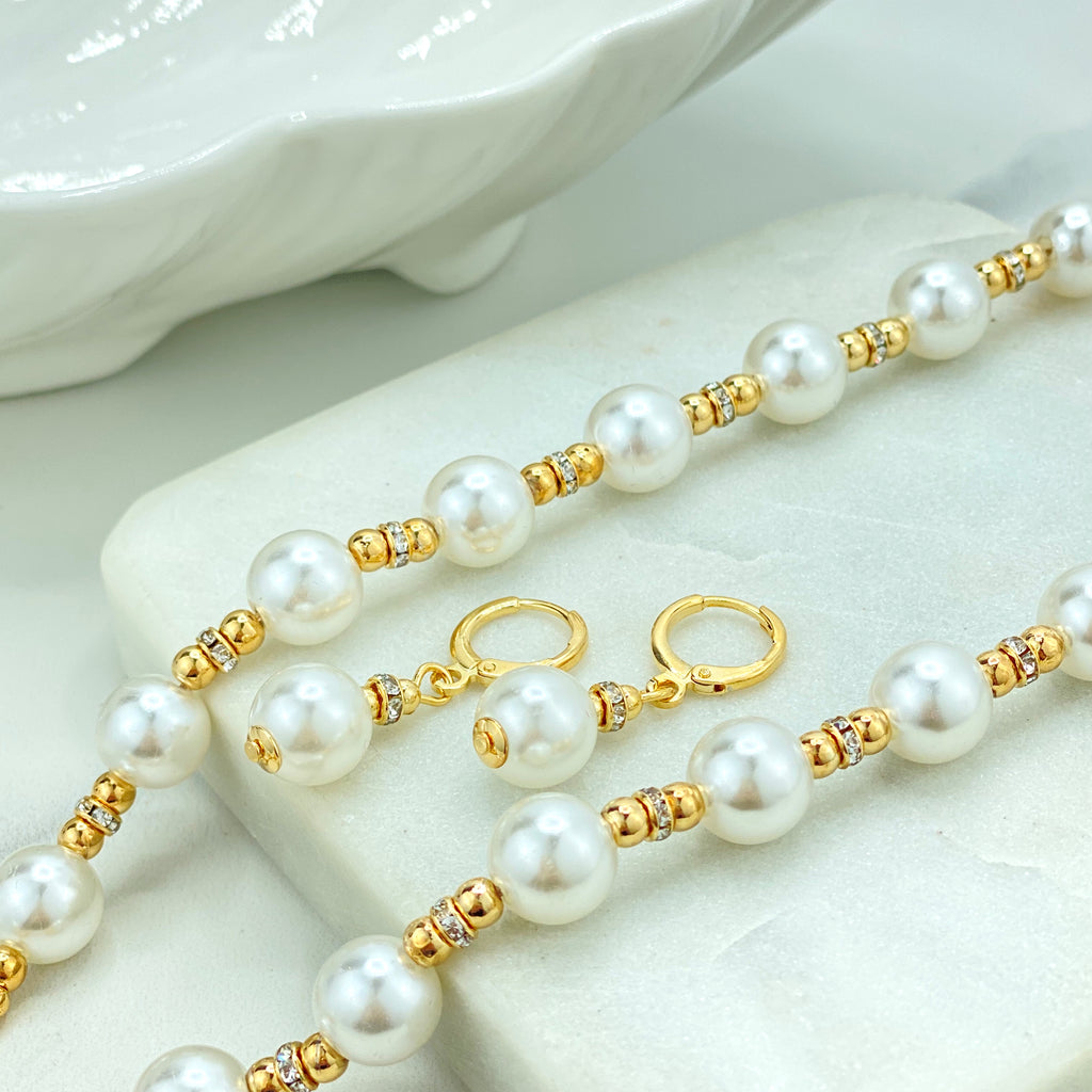 18k Gold Filled Simulated Pearl & Cubic Zirconia Necklace and Earrings Set, Toggle Clasp Pearl Necklace, Pearl Earrings